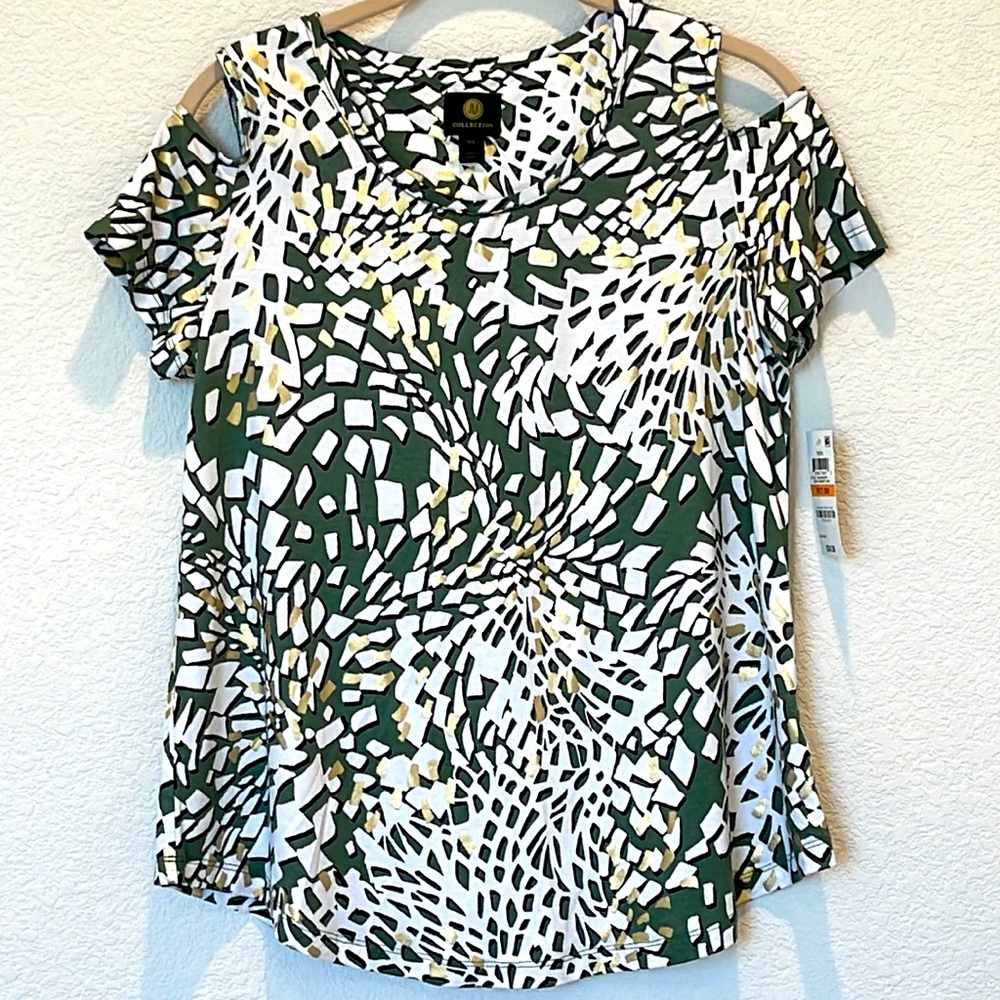 Green / metallic gold with “peek a boo” shoulders